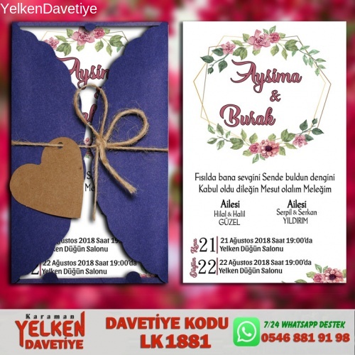 1000 Adet Lacivert Burgu Davetiye Modeli