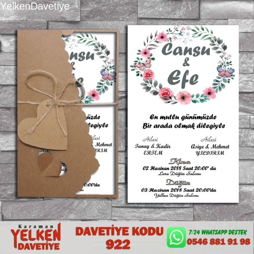 1000 Adet Flower Kraft Zarflı Davetiye Modeli