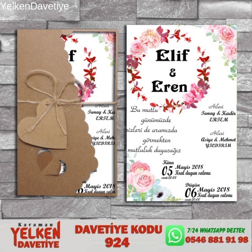 1000 Adet Flower Kraft Zarflı Davetiye Modeli