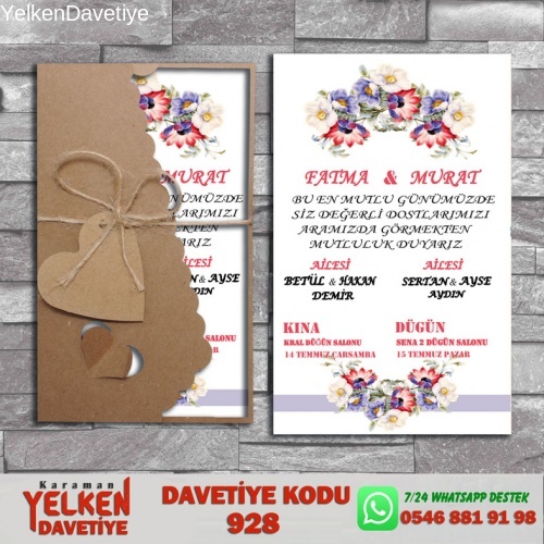 1000 Adet Flower Kraft Zarflı Davetiye Modeli
