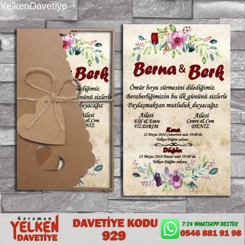 1000 Adet Flower Kraft Zarflı Davetiye Modeli