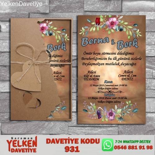 1000 Adet Flower Kraft Zarflı Davetiye Modeli