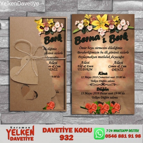 1000 Adet Flower Kraft Zarflı Davetiye Modeli