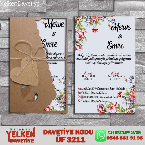 1000 Adet Flower Kraft Zarflı Davetiye Modeliv