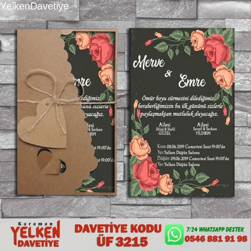 1000 Adet Flower Kraft Zarflı Davetiye Modeliv